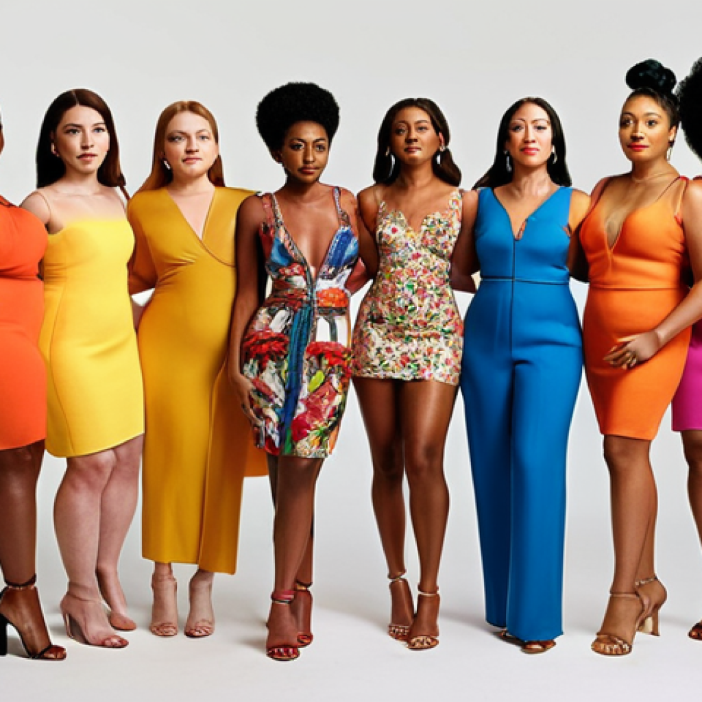 **

A diverse group of women of various body types and skin tones confidently showcasing their outfits. Focus on flattering fits, vibrant colors, and stylish accessories. The setting should be a brightly lit fashion studio. The overall mood is celebratory and empowering.

**