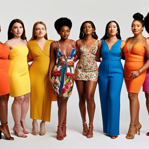 Home 4 **
A diverse group of women of various body types and skin tones confidently showcasing their outfits. Focus on flattering fits, vibrant colors, and stylish accessories. The setting should be a brightly lit fashion studio. The overall mood is celebratory and empowering.
**