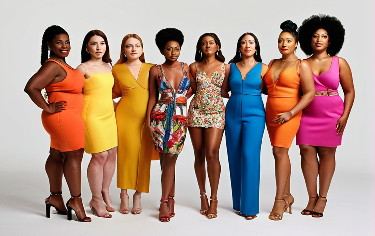 **
A diverse group of women of various body types and skin tones confidently showcasing their outfits. Focus on flattering fits, vibrant colors, and stylish accessories. The setting should be a brightly lit fashion studio. The overall mood is celebratory and empowering.
**