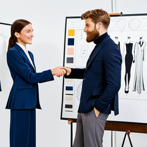 Home 18 A professional female fashion coordinator, wearing a modest business blazer and smart trousers, stands alongside a male fashion designer in a modern, brightly lit design studio. They are looking collaboratively at a large mood board filled with fabric swatches and fashion sketches. Mannequins with sophisticated, modest garments are visible in the background. The atmosphere is creative and professional. Perfect anatomy, correct proportions, natural pose, well-formed hands, proper finger count, natural body proportions, professional photography, high resolution, detailed, safe for work, appropriate content, fully clothed, professional dress, modest clothing, family-friendly.