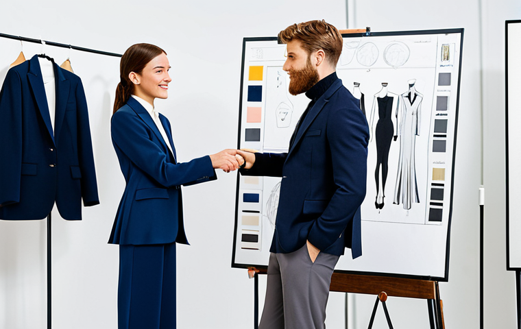 A professional female fashion coordinator, wearing a modest business blazer and smart trousers, stands alongside a male fashion designer in a modern, brightly lit design studio. They are looking collaboratively at a large mood board filled with fabric swatches and fashion sketches. Mannequins with sophisticated, modest garments are visible in the background. The atmosphere is creative and professional. Perfect anatomy, correct proportions, natural pose, well-formed hands, proper finger count, natural body proportions, professional photography, high resolution, detailed, safe for work, appropriate content, fully clothed, professional dress, modest clothing, family-friendly.