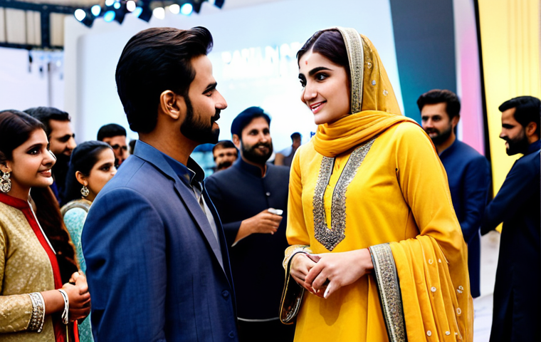 **

"A vibrant fashion event scene, bustling with activity in Lahore. A young, stylishly dressed (fully clothed in modest Eastern attire) fashion coordinator confidently converses with a renowned Pakistani designer (also fully clothed in appropriate attire). The background shows a blend of traditional and modern fashion elements. Professional lighting, candid shot, safe for work, appropriate content, perfect anatomy, natural proportions, family-friendly, high resolution."

**