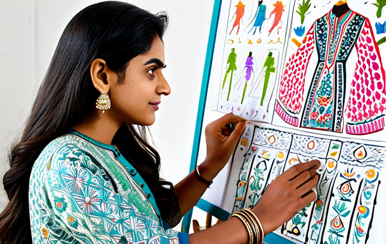 **

"A professional female fashion coordinator in a vibrant, fully clothed shalwar kameez with intricate embroidery, working on a mood board in a brightly lit studio. Textiles and design sketches are scattered around her. Perfect anatomy, correct proportions, natural pose, well-formed hands, proper finger count, natural body proportions, professional, modest, family-friendly, safe for work, appropriate content."

**